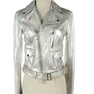 JOHN RICHMOND RICHMOND X Leather Metallic Cropped Moto Jacket SZ 42